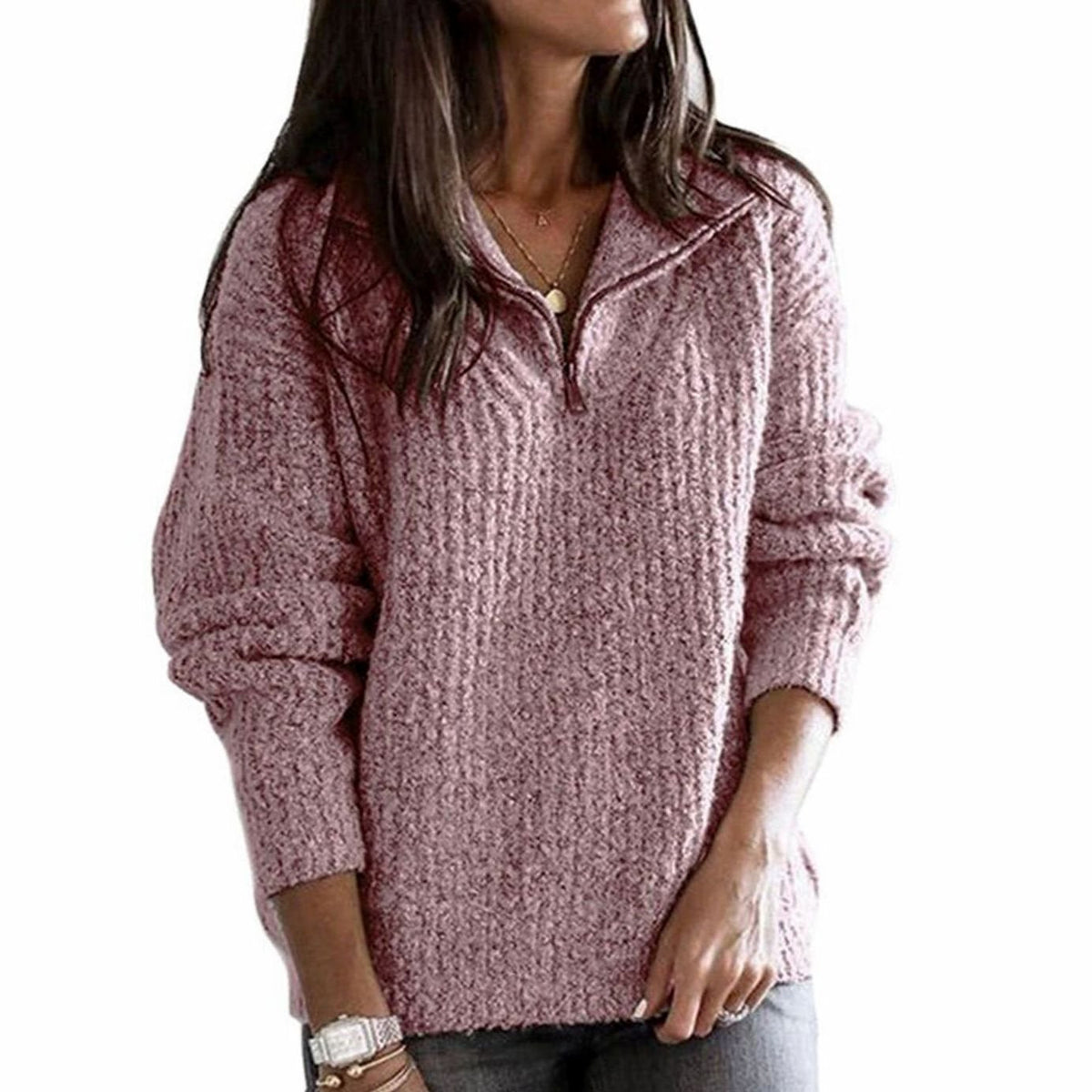 Pink cable-knit zip-up jumper with V-neck collar for women