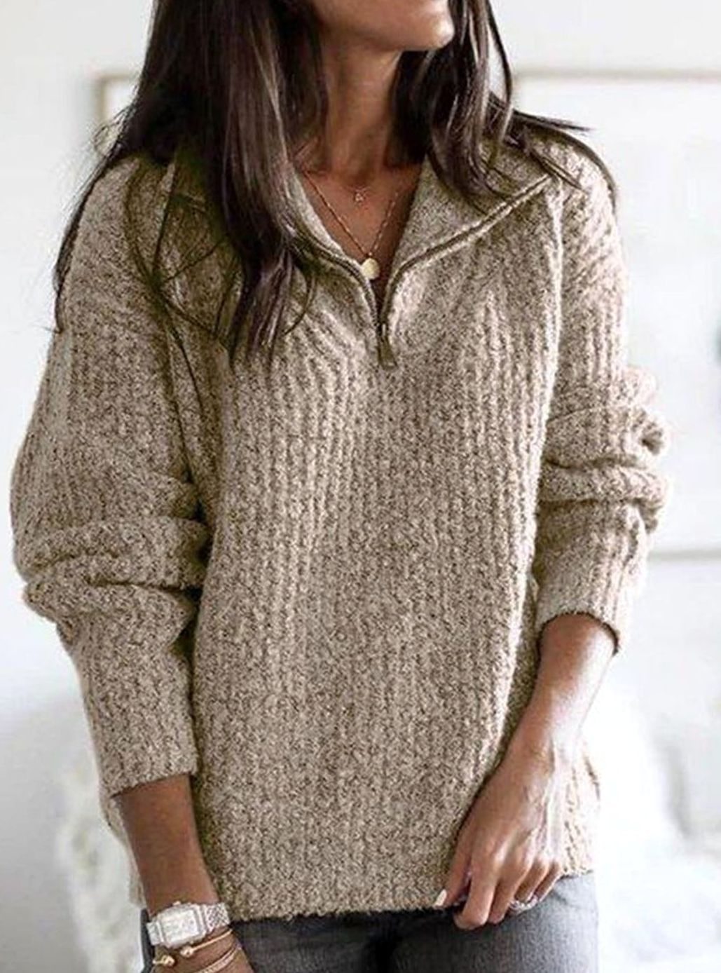 Khaki cable-knit zip-up jumper with V-neck collar for women
