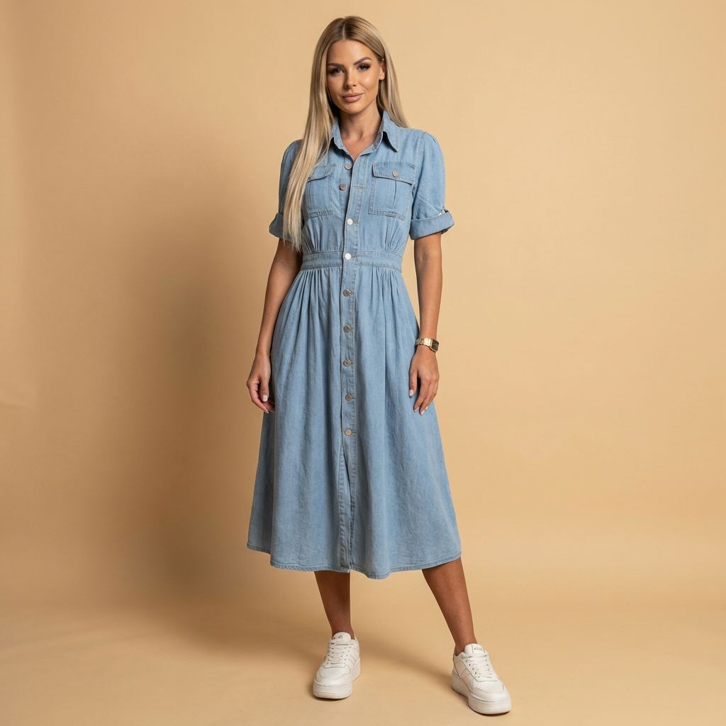 Women's light blue button-through denim shirt dress