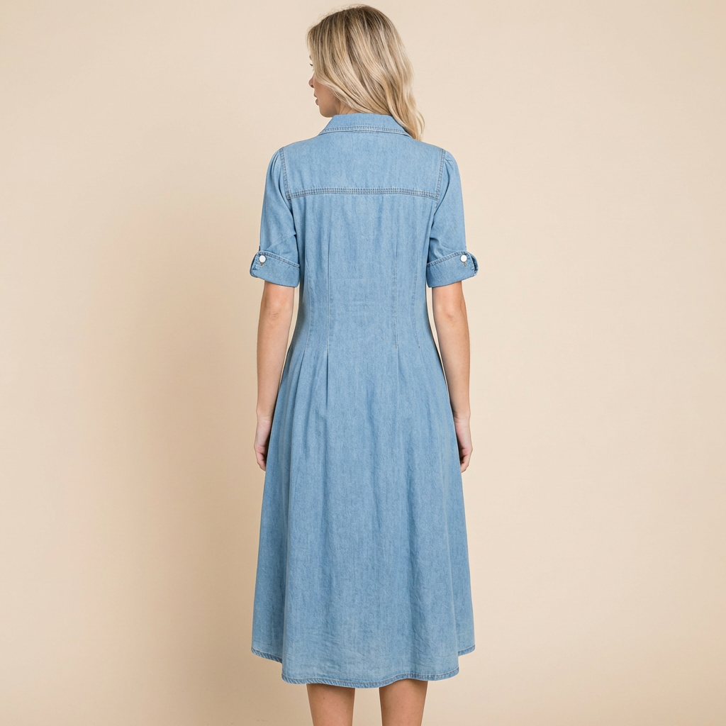 Women's light blue button-through denim shirt dress