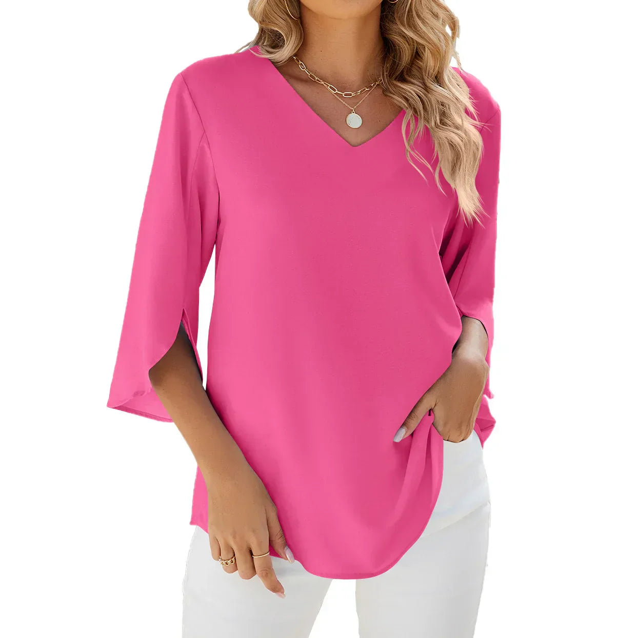 Women's green v-neck blouse with 3/4 sleeves