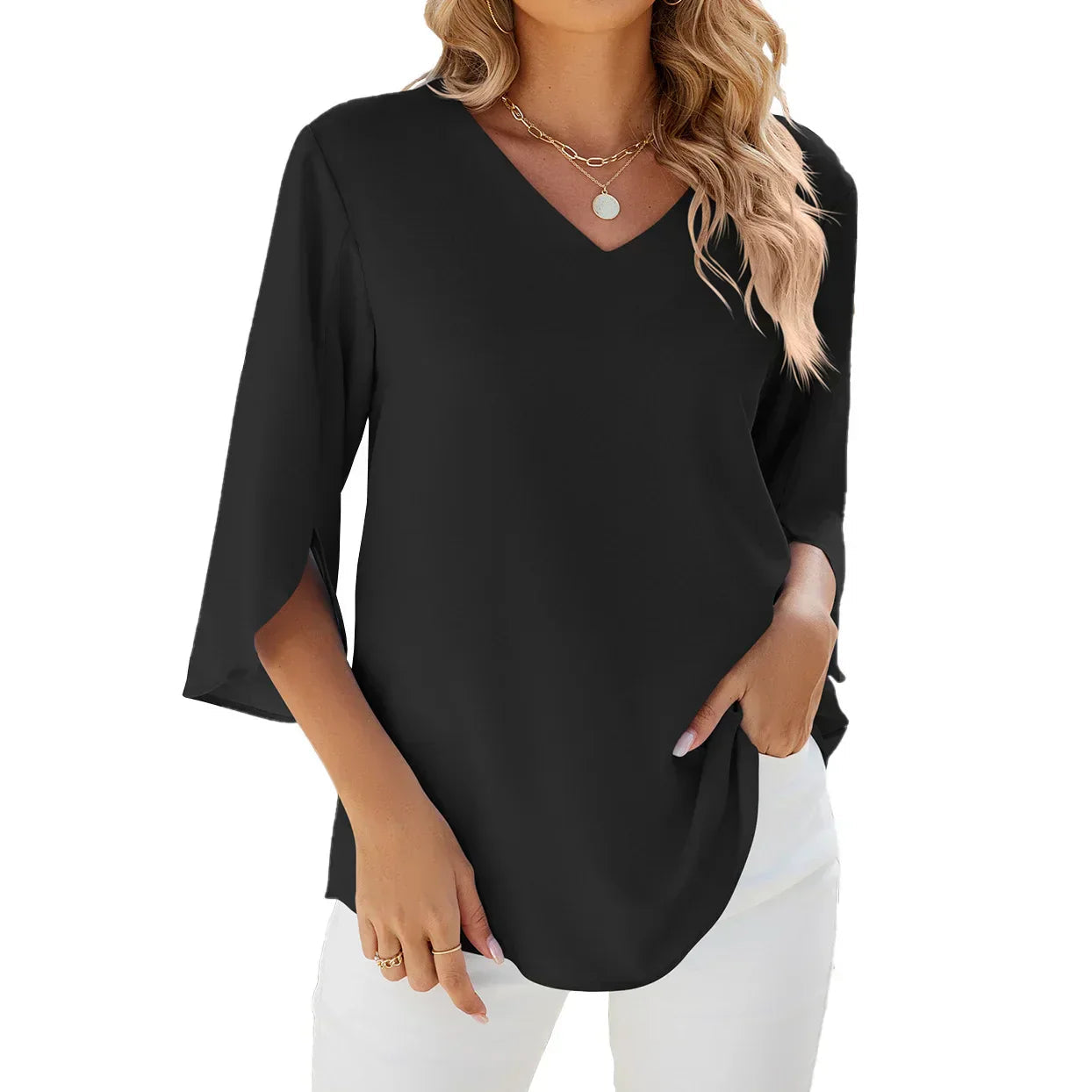 Women's green v-neck blouse with 3/4 sleeves
