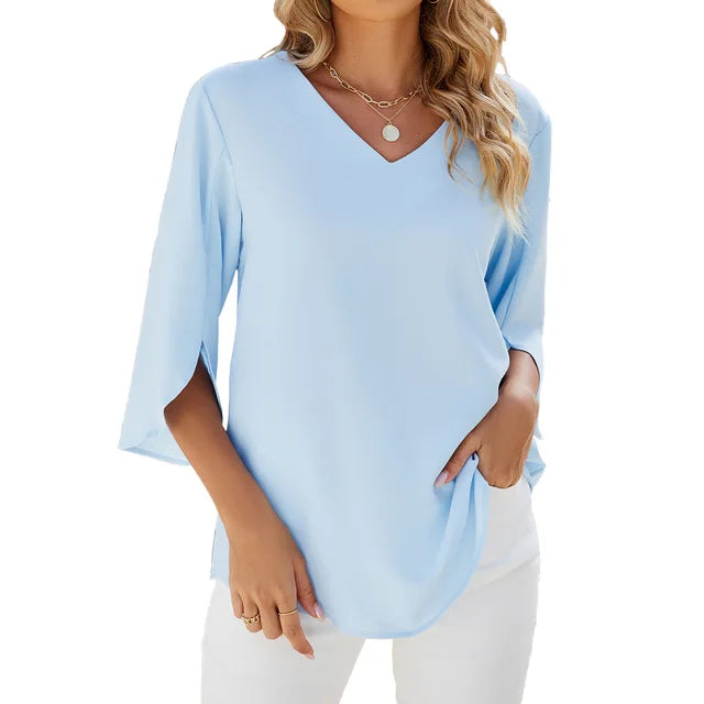 Women's green v-neck blouse with 3/4 sleeves