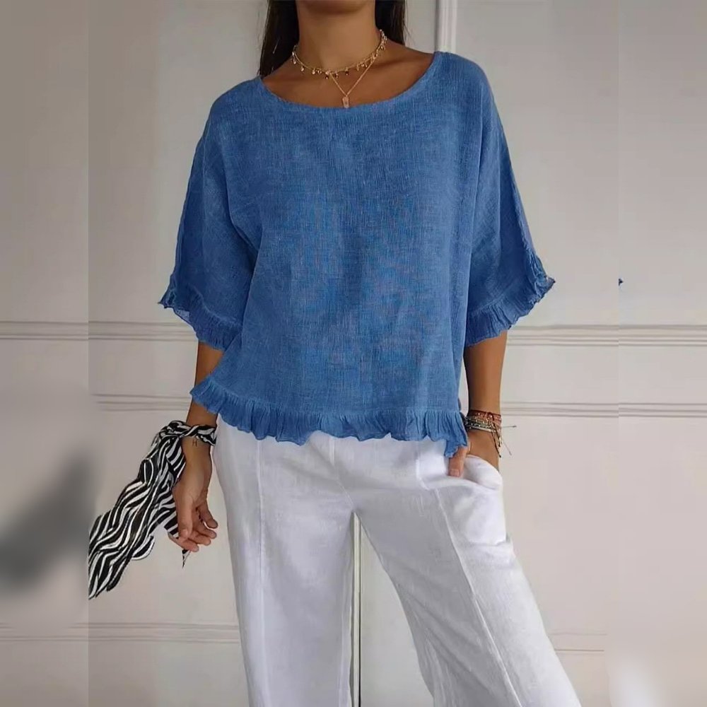 Women's blue frayed edge blouse with three-quarter sleeves