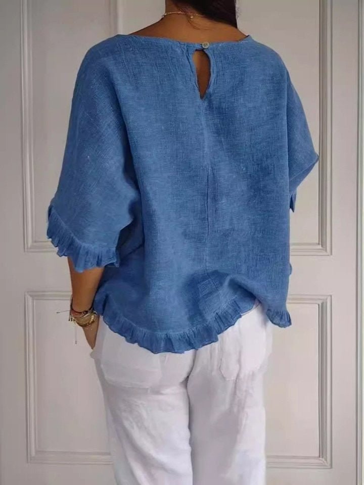 Women's blue frayed edge blouse with three-quarter sleeves