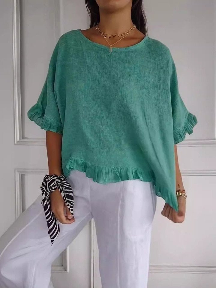 Women's blue frayed edge blouse with three-quarter sleeves