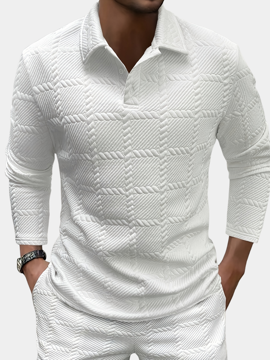 Men's white jacquard textured polo shirt