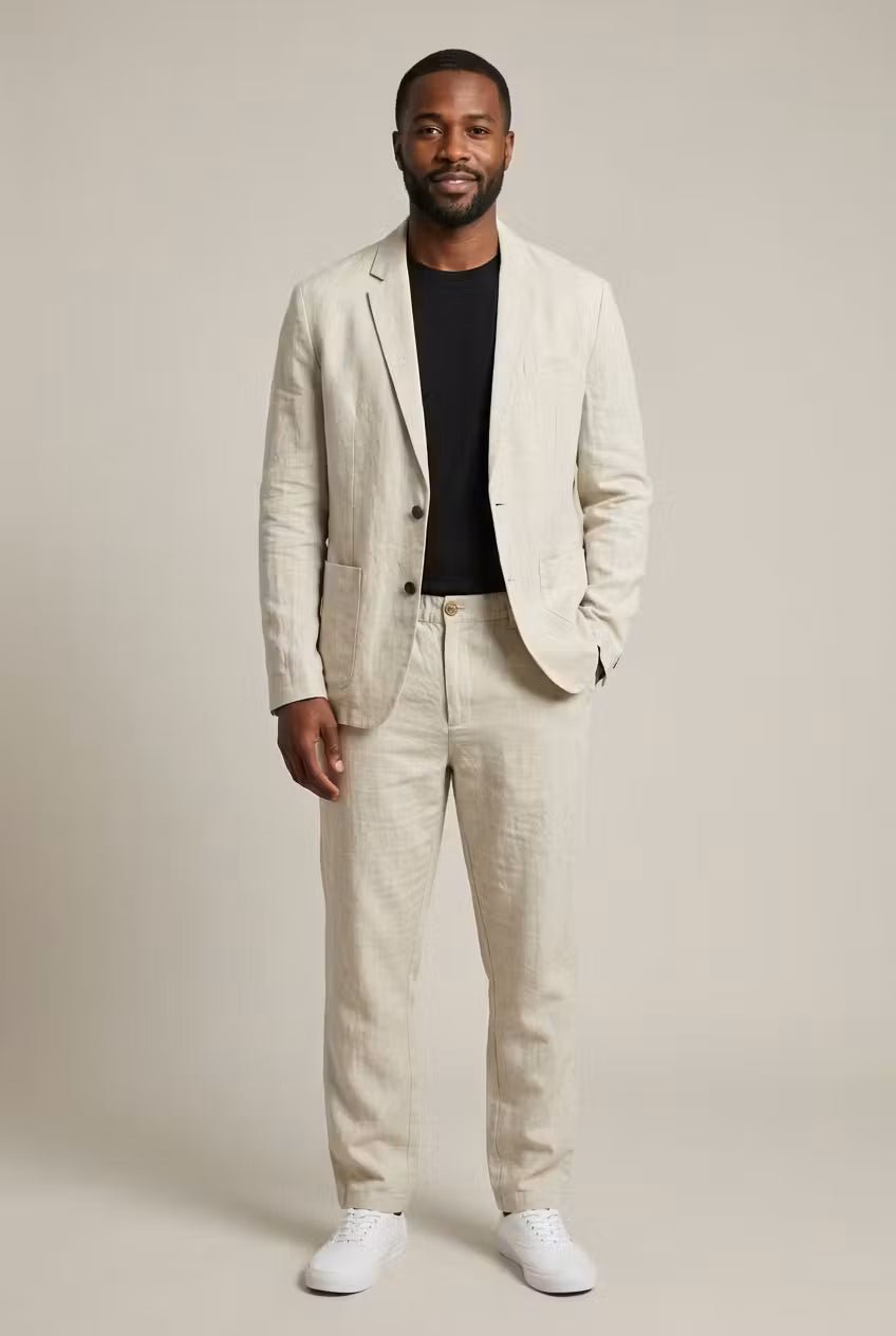 Men's apricot linen two-piece suit with single-button blazer