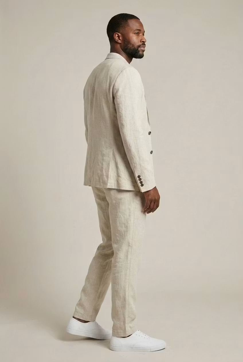 Men's apricot linen two-piece suit with single-button blazer