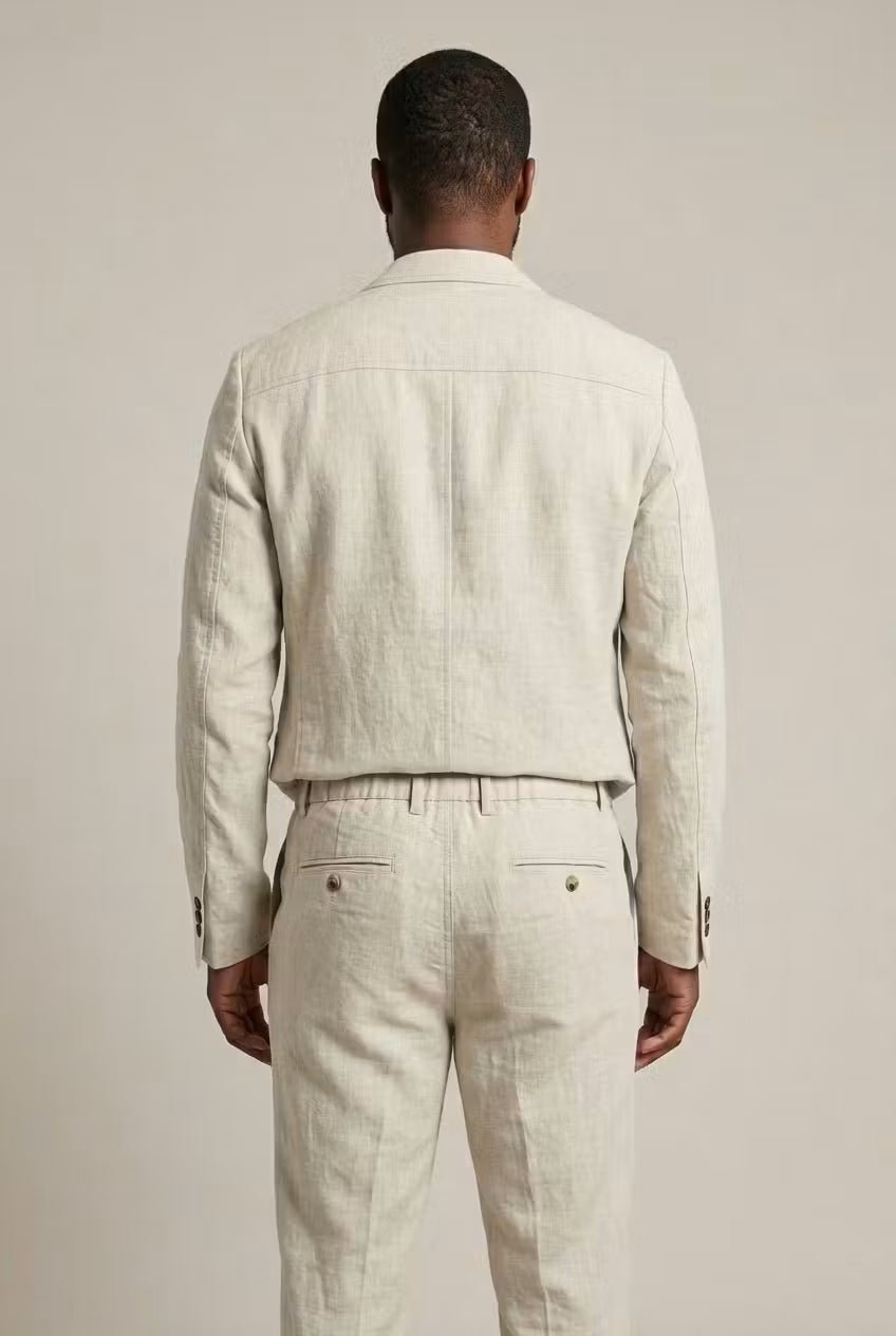 Men's apricot linen two-piece suit with single-button blazer