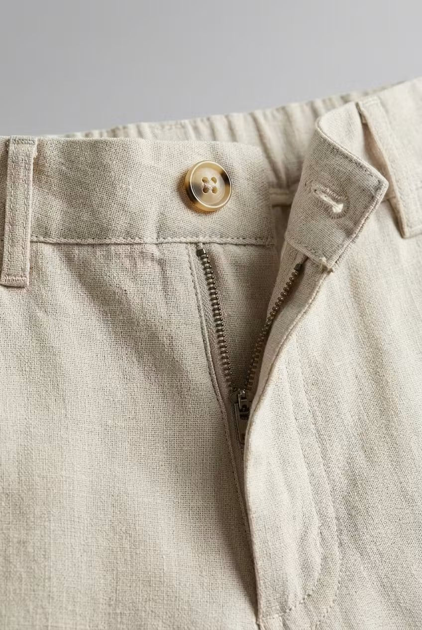 Men's apricot linen two-piece suit with single-button blazer