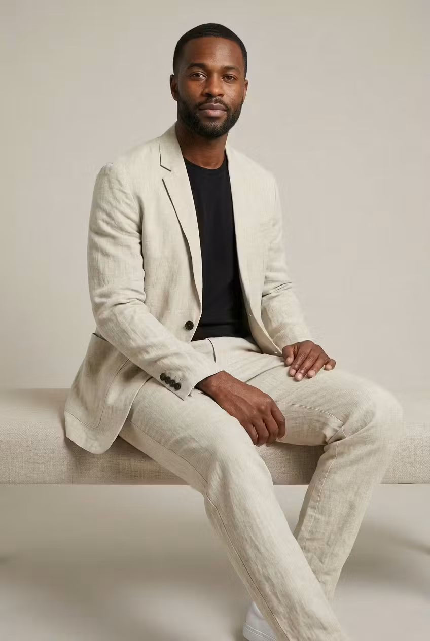 Men's apricot linen two-piece suit with single-button blazer