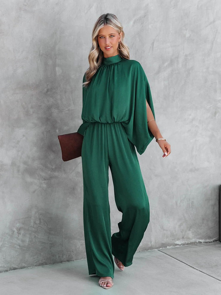 Women's green pleated butterfly-sleeve evening jumpsuit