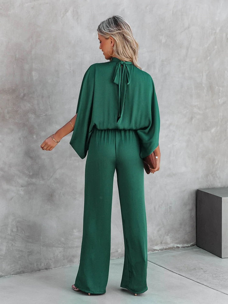 Women's green pleated butterfly-sleeve evening jumpsuit