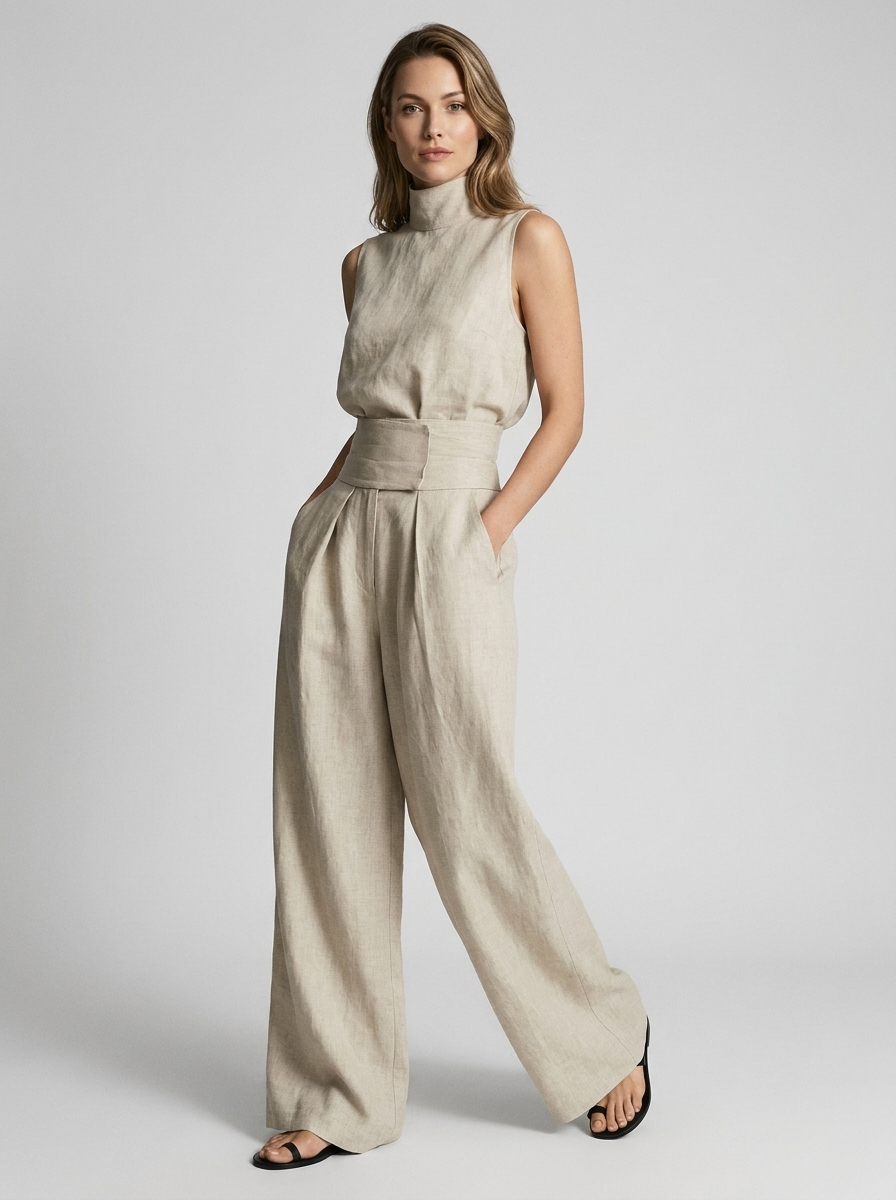 Women's beige sleeveless wide-leg jumpsuit with high waist