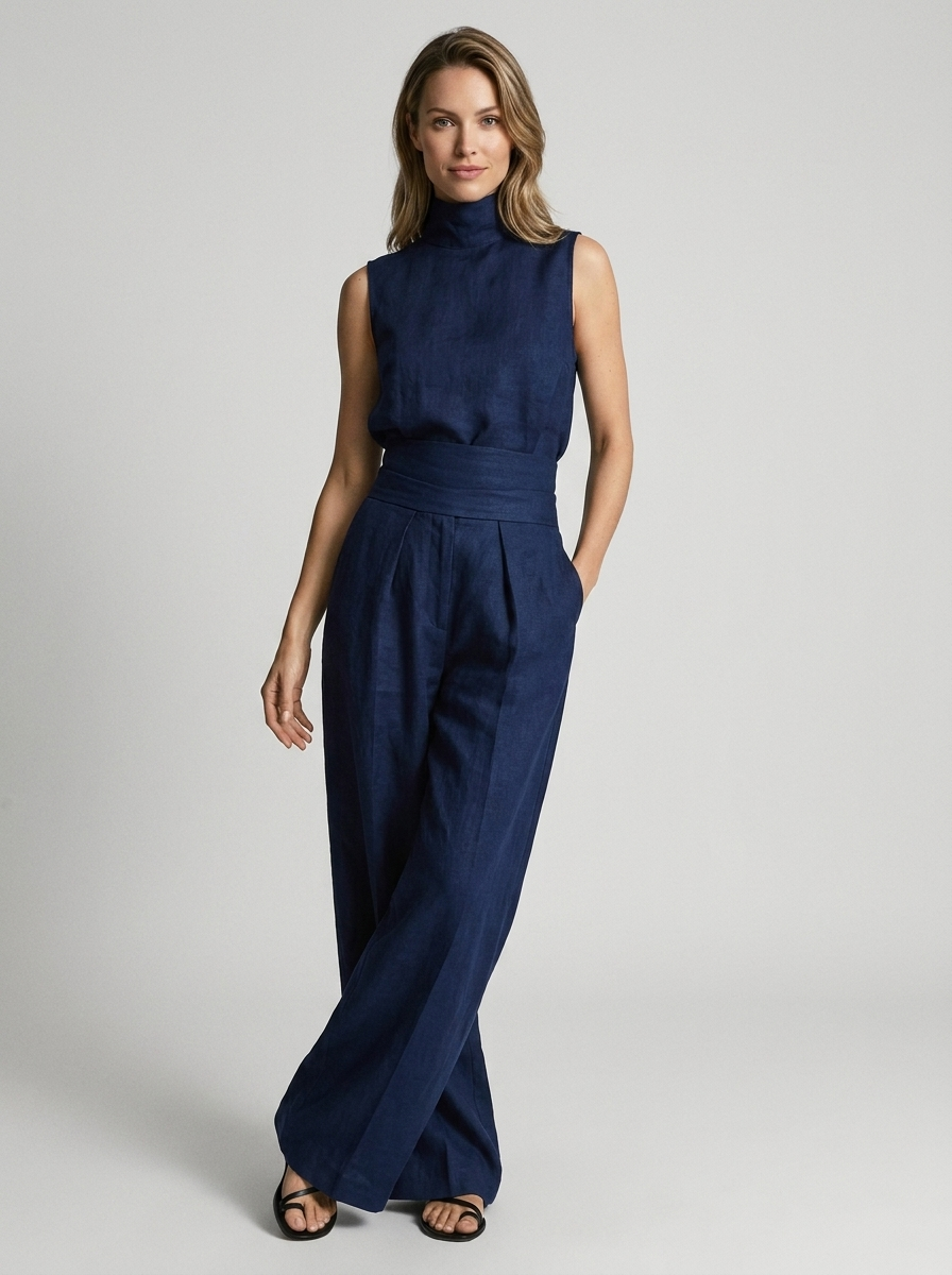 Women's beige sleeveless wide-leg jumpsuit with high waist