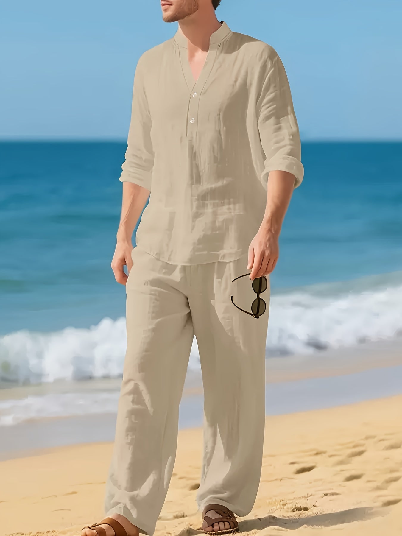 Men's white linen shirt and trouser co-ord set