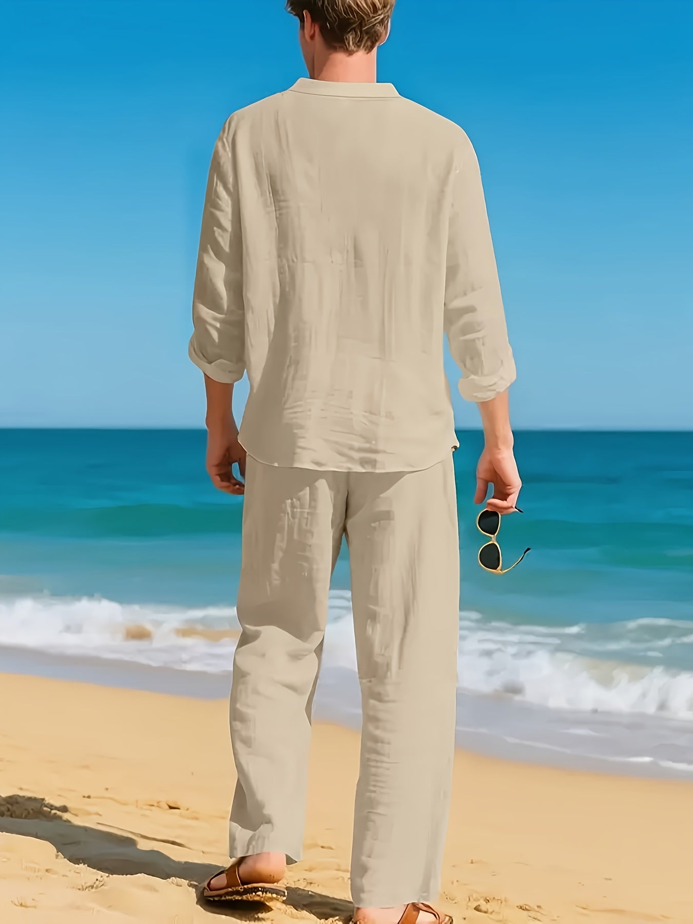 Men's beige linen shirt and trouser co-ord set