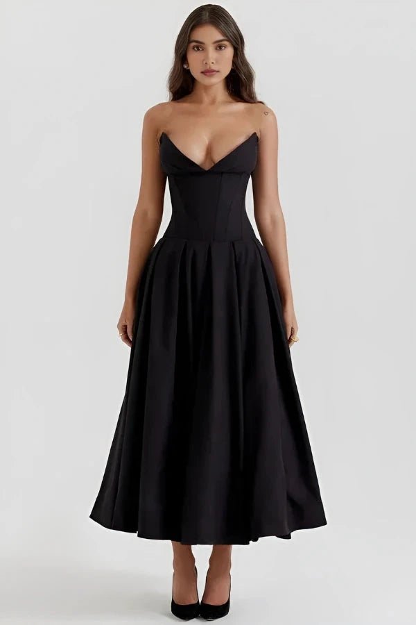 Women's white corset midi dress with a structured bodice and full skirt