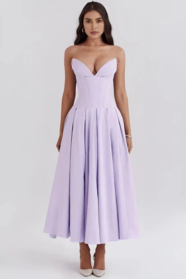 Women's lilac corset midi dress with a structured bodice and full skirt