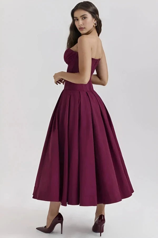 Women's lilac corset midi dress with a structured bodice and full skirt