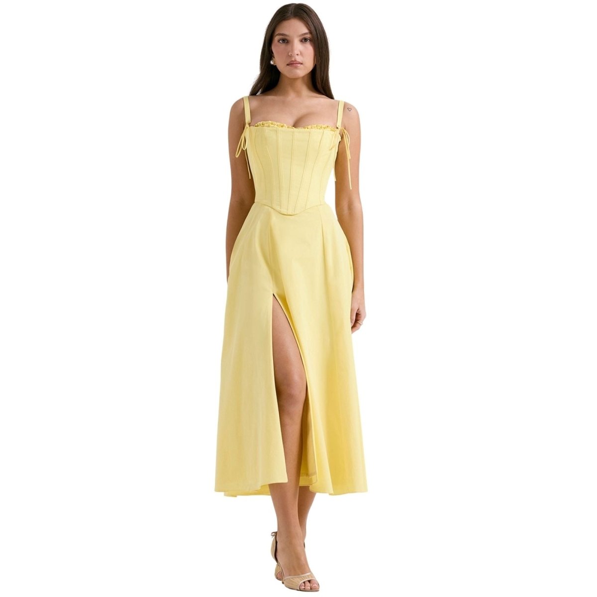 Women's pink corset midi dress with a structured bodice and full skirt