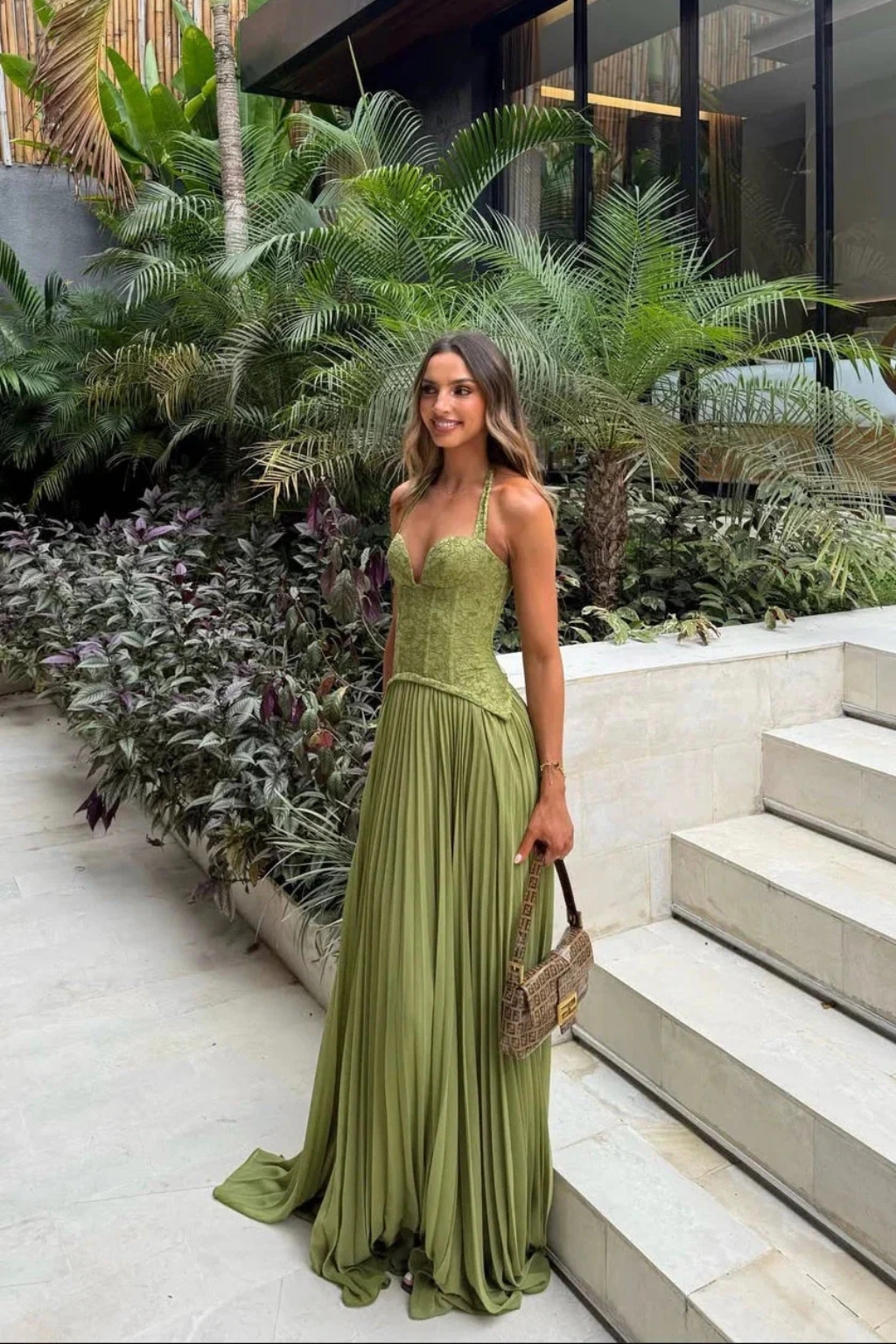 Women's green halter lace corset pleated maxi dress