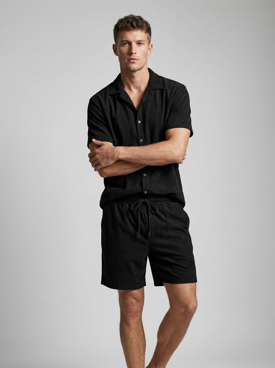 Men's light brown shirt and shorts co-ord summer set