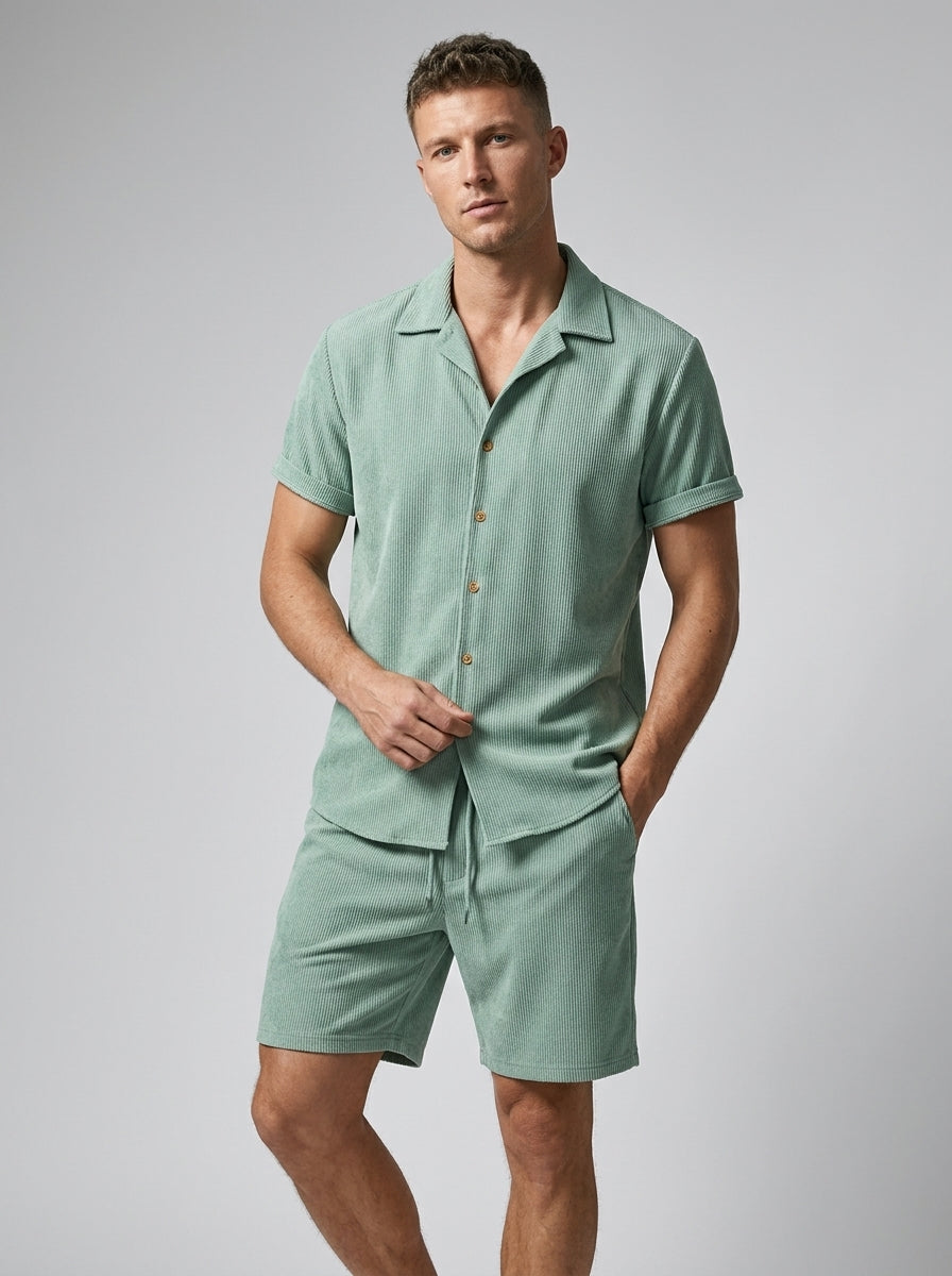 Men's light brown shirt and shorts co-ord summer set