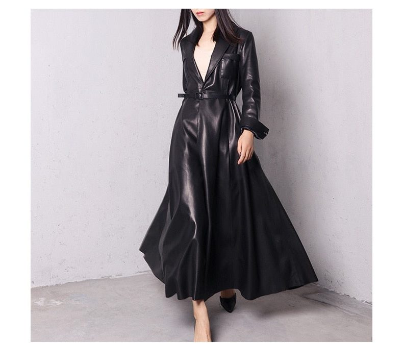 women's double-breasted maxi leather trench coat for evening in red