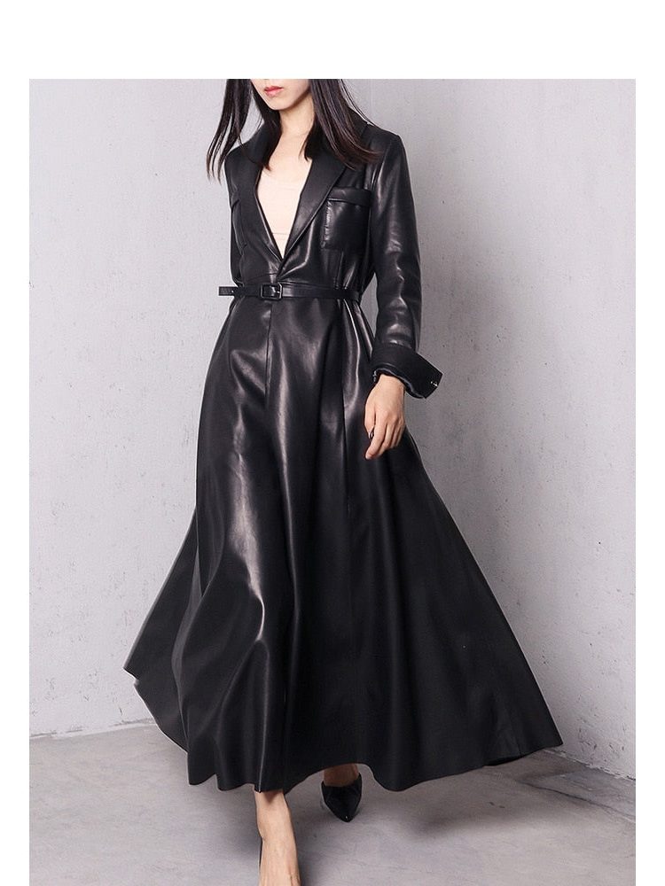 women's double-breasted maxi leather trench coat for evening in red