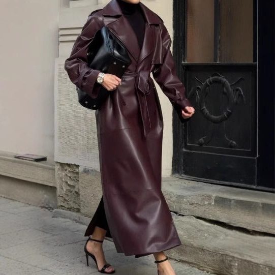 women's longline leather trench coat with tie belt in dark red