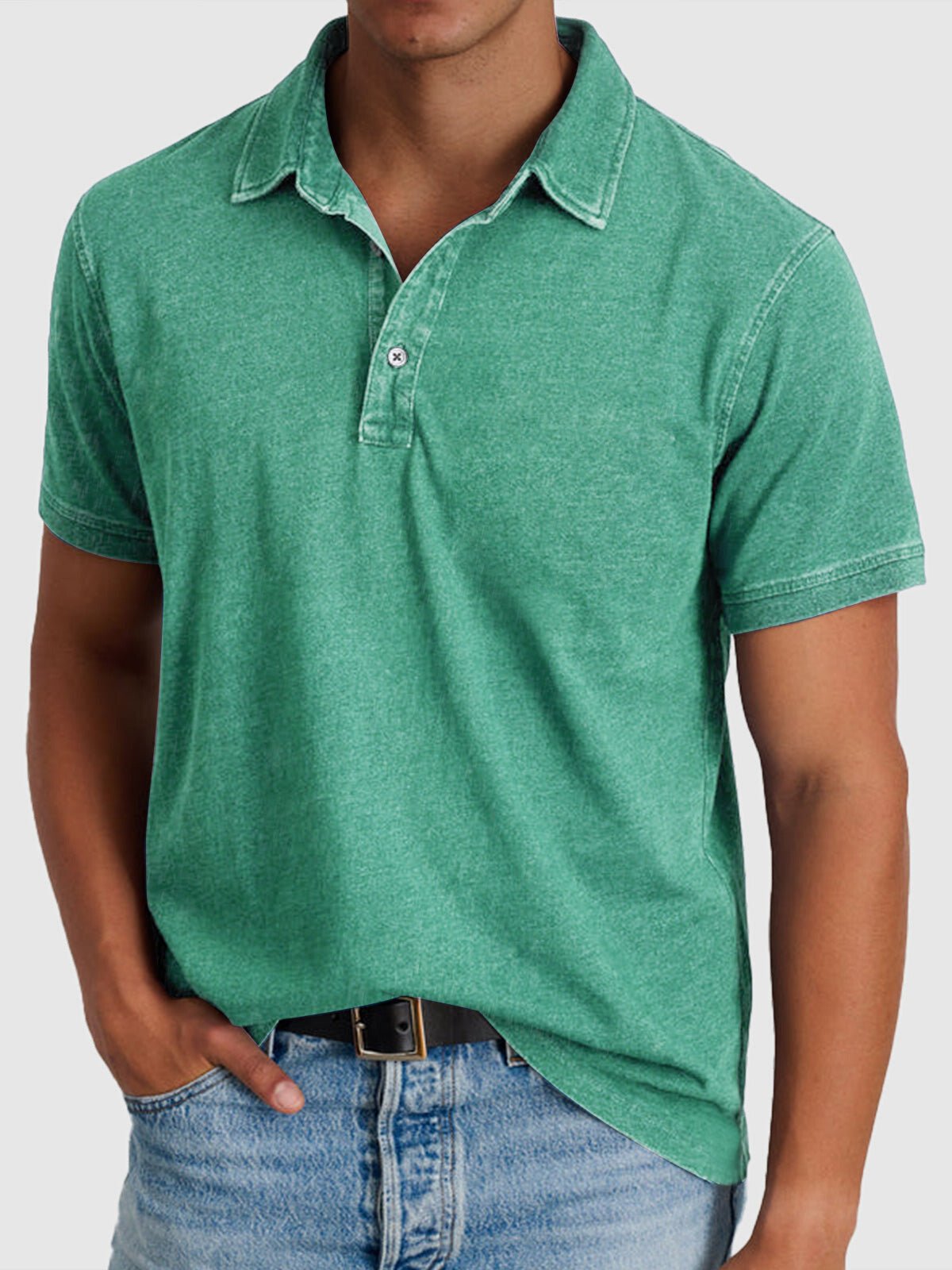 Men's blue denim-look cotton polo shirt with button neck