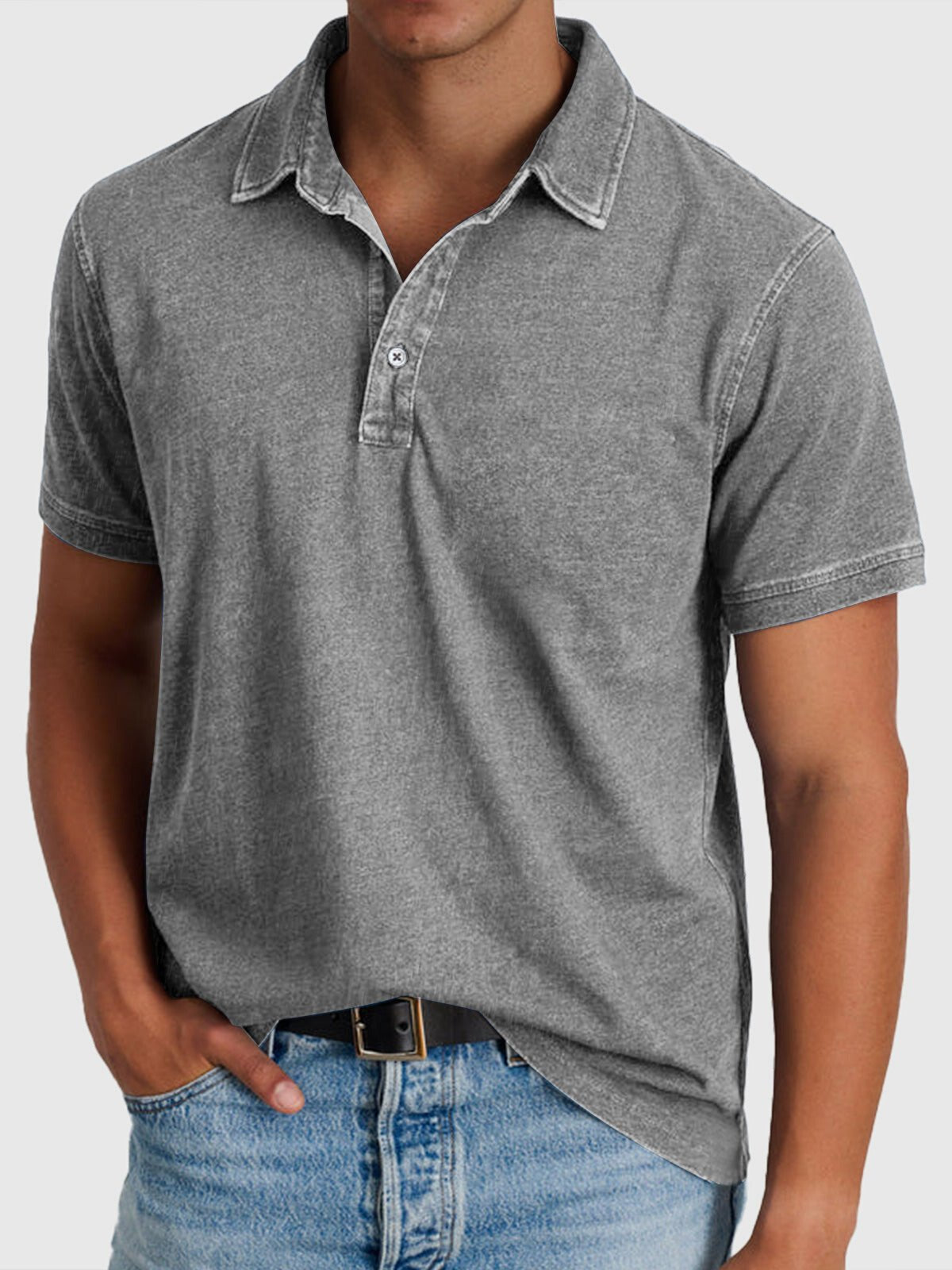 Men's blue denim-look cotton polo shirt with button neck