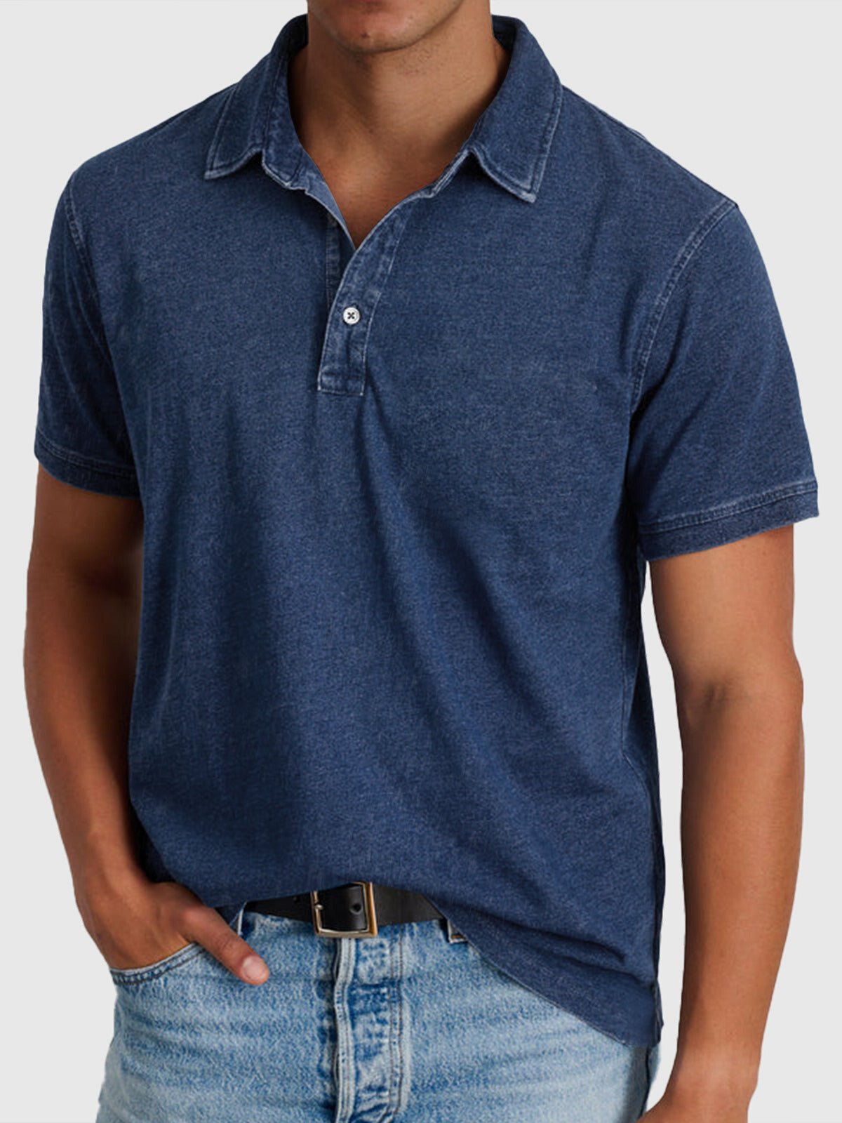 Men's blue denim-look cotton polo shirt with button neck