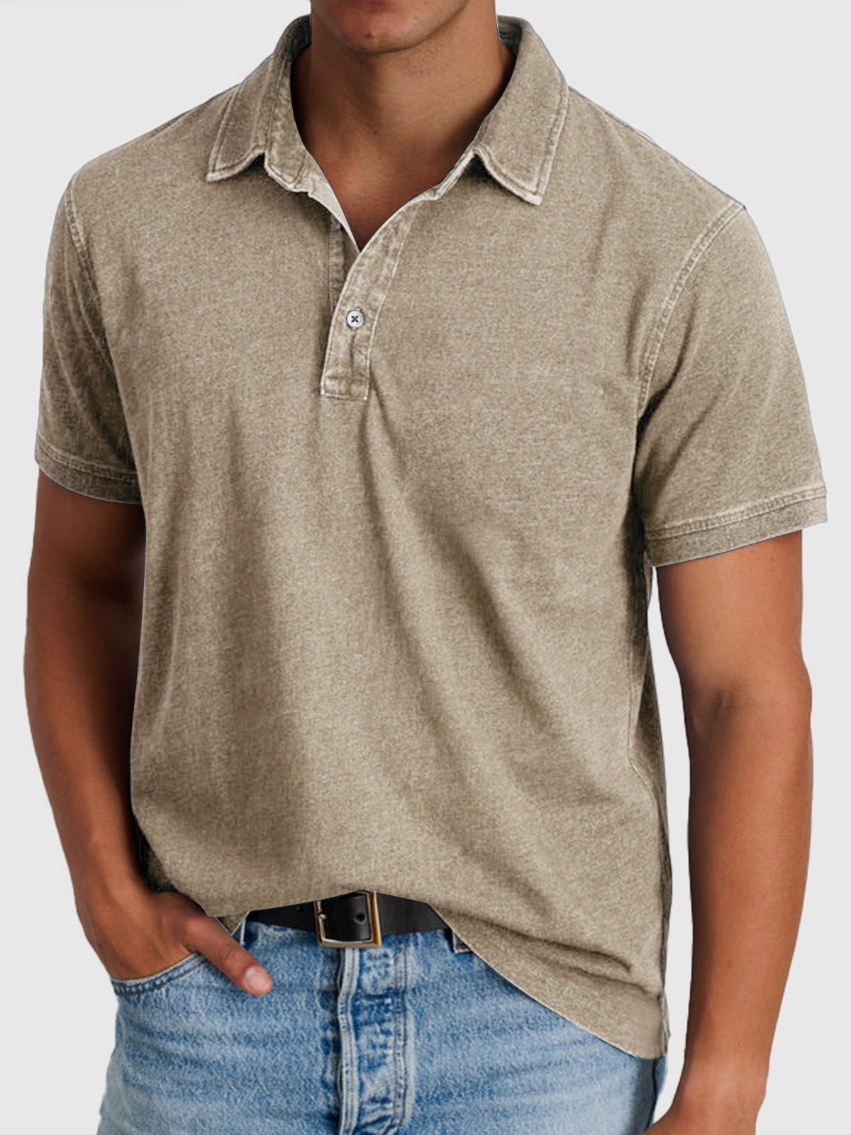 Men's blue denim-look cotton polo shirt with button neck