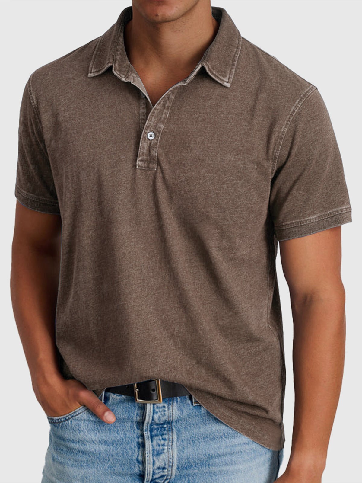 Men's green denim-look cotton polo shirt with button neck