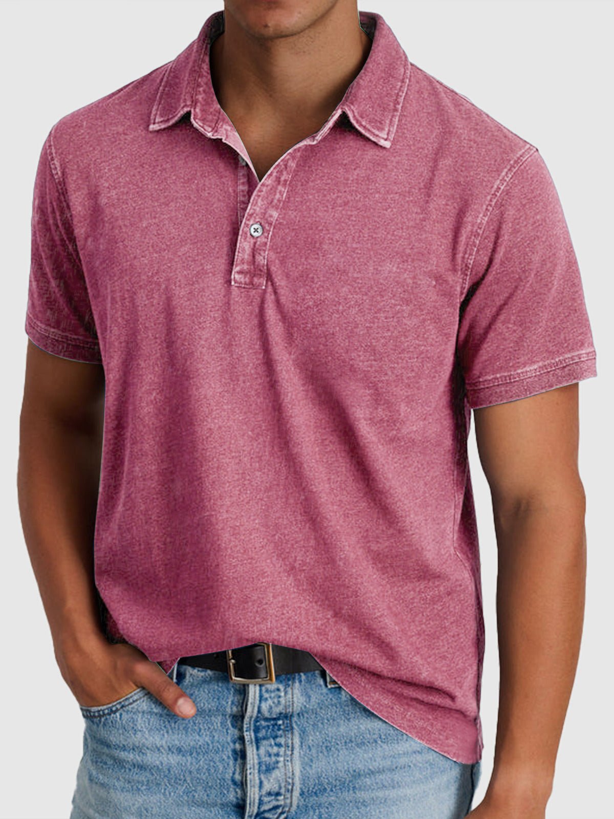 Men's green denim-look cotton polo shirt with button neck