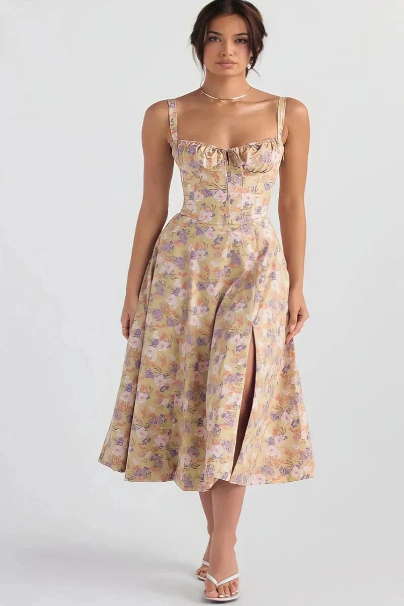 Women's pink floral corset midi dress with a side split