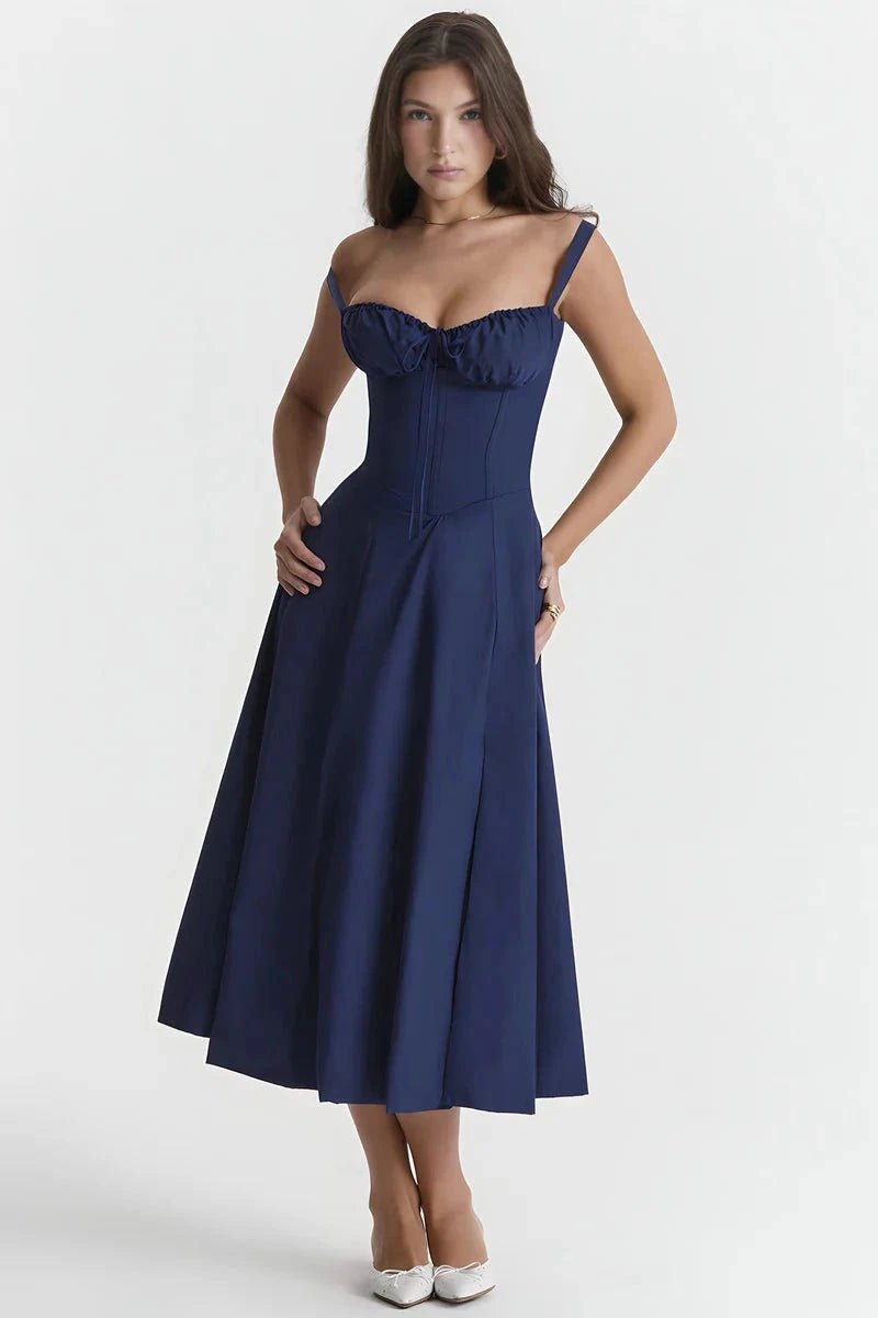 Women's blue floral corset midi dress with a side split