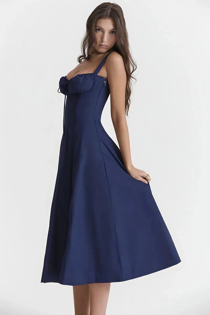 Women's blue floral corset midi dress with a side split
