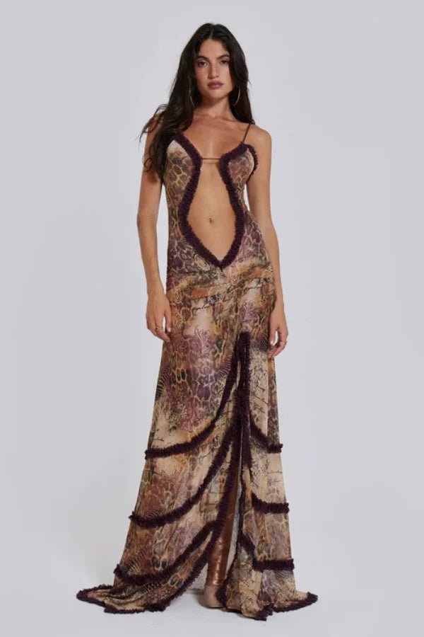 Women's brown floral maxi dress with ruffles and a v-neck