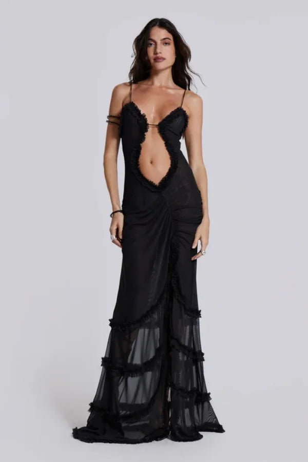 Women's violet floral maxi dress with ruffles and a v-neck