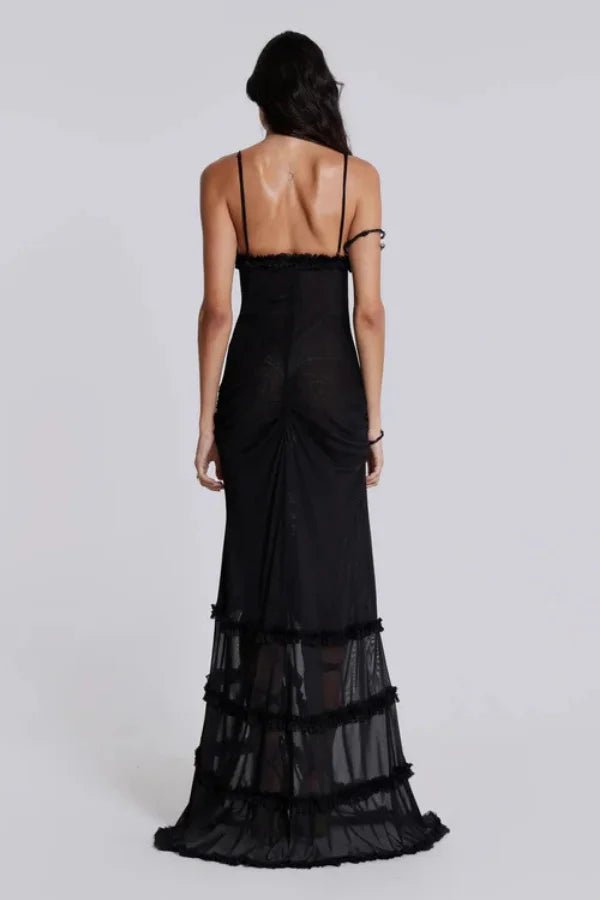 Women's black floral maxi dress with ruffles and a v-neck