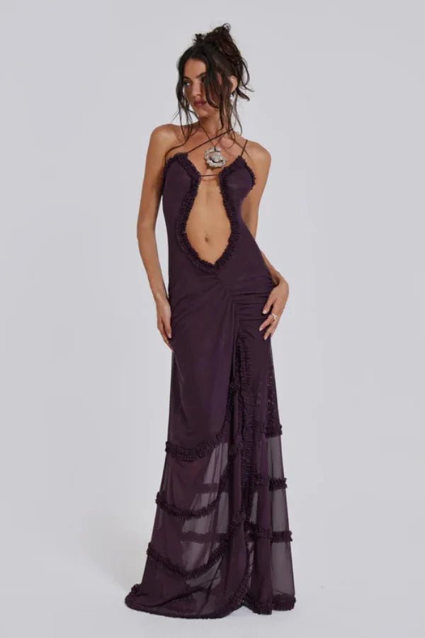 women's floral maxi dress with ruffles and a v-neck