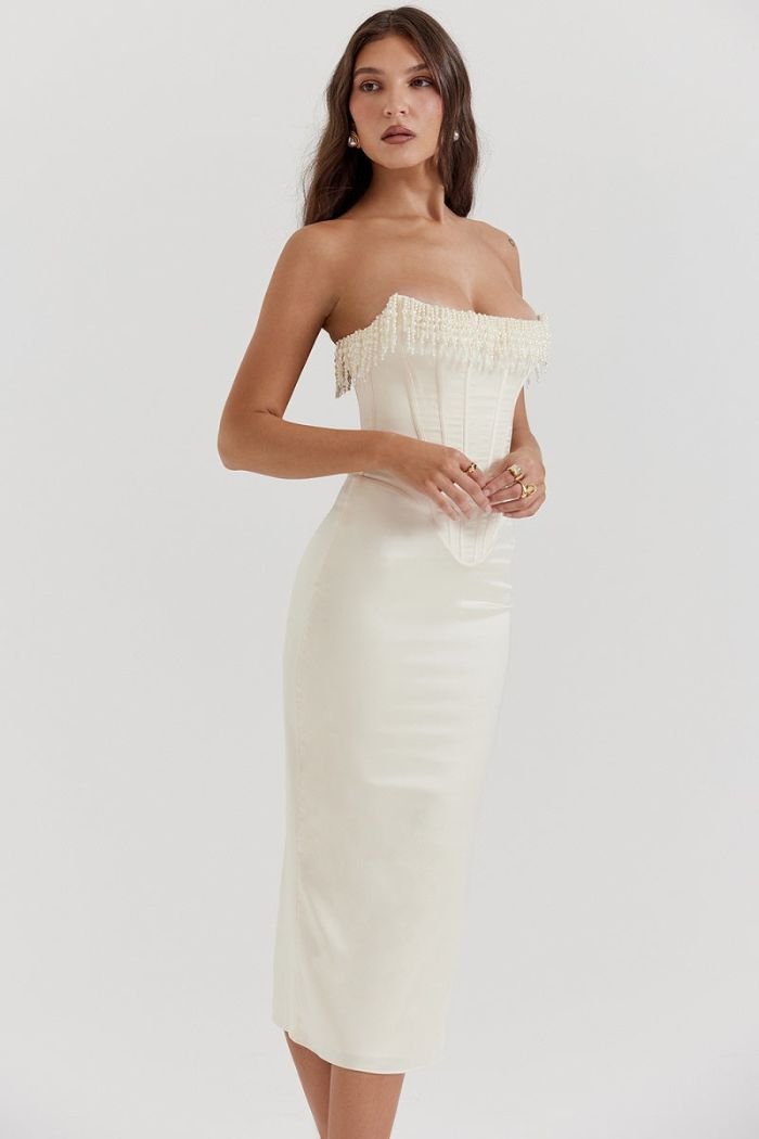 Women's white strapless satin maxi dress with a lace-up back