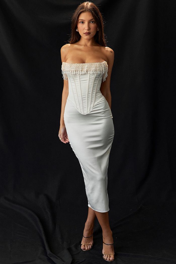 Women's black strapless satin maxi dress with a lace-up back