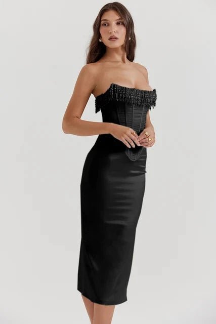 Women's black strapless satin maxi dress with a lace-up back