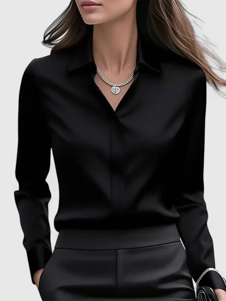 Women's navy blue satin shirt with concealed placket and long sleeves