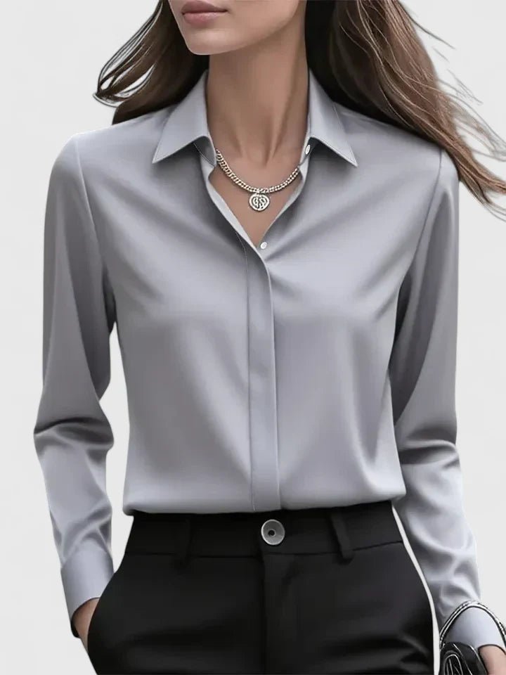 Women's navy blue satin shirt with concealed placket and long sleeves